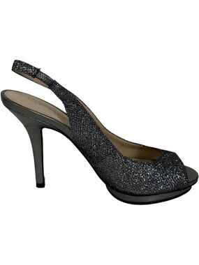 Pelle Moda Rocia Sling Back Pumps‎ Silver Glitter Size 6.5 Heels Metallic Heel